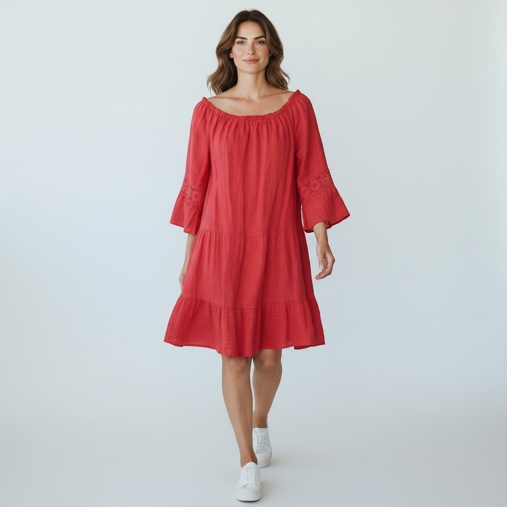 Terzo Millennio Linen Dress Womens L Red Lace Bell Sleeve Tiered Made in Italy